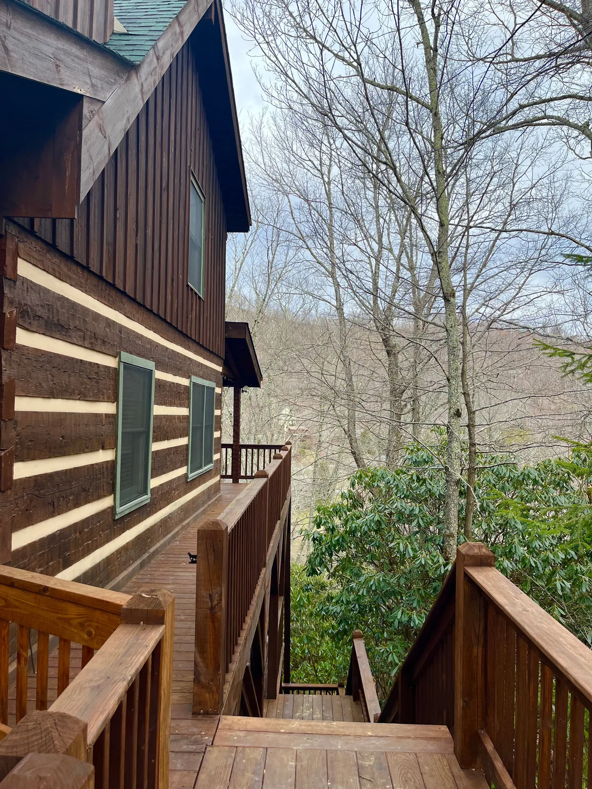 This exterior image highlights a spacious wooden deck surrounded by lush trees, with an inviting staircase leading down to the forested backyard. The deck appears sturdy and secure, with railings that would allow pets to enjoy the outdoors while being safely contained. The natural setting is tranquil and hints at easy access to walking trails beyond the deck area.